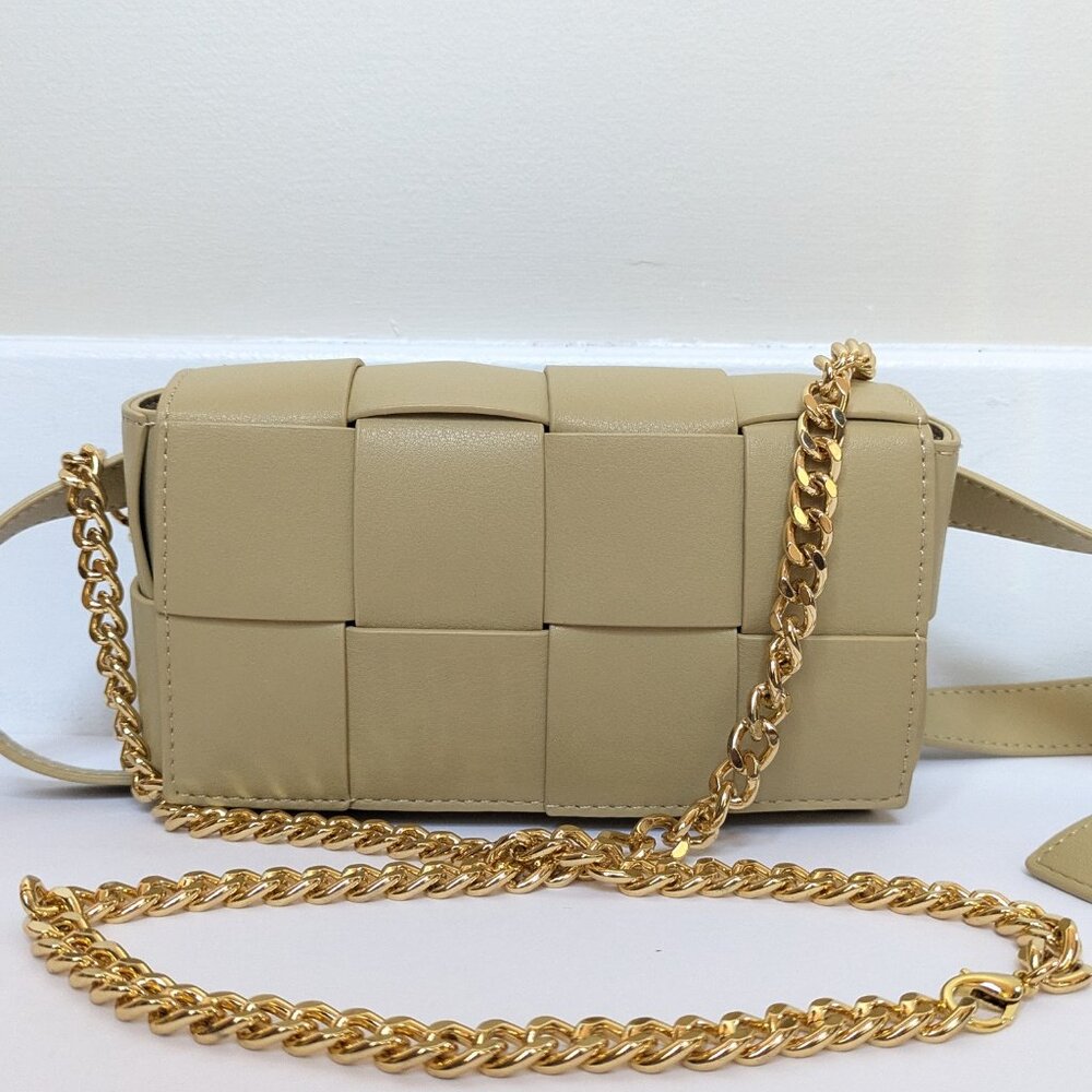 Mini Cassette Style Beige Woven Leather Belt Bag – Bottega Inspired | Gold Chain